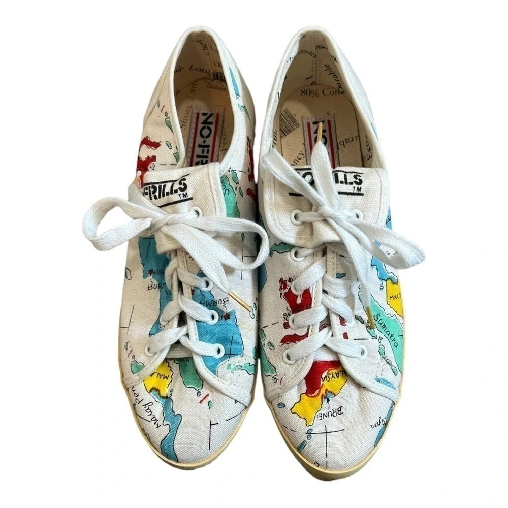 Vintage 80's NO FRILLS Low Top Sneaker Map Graphic Lace Up 6.5 B